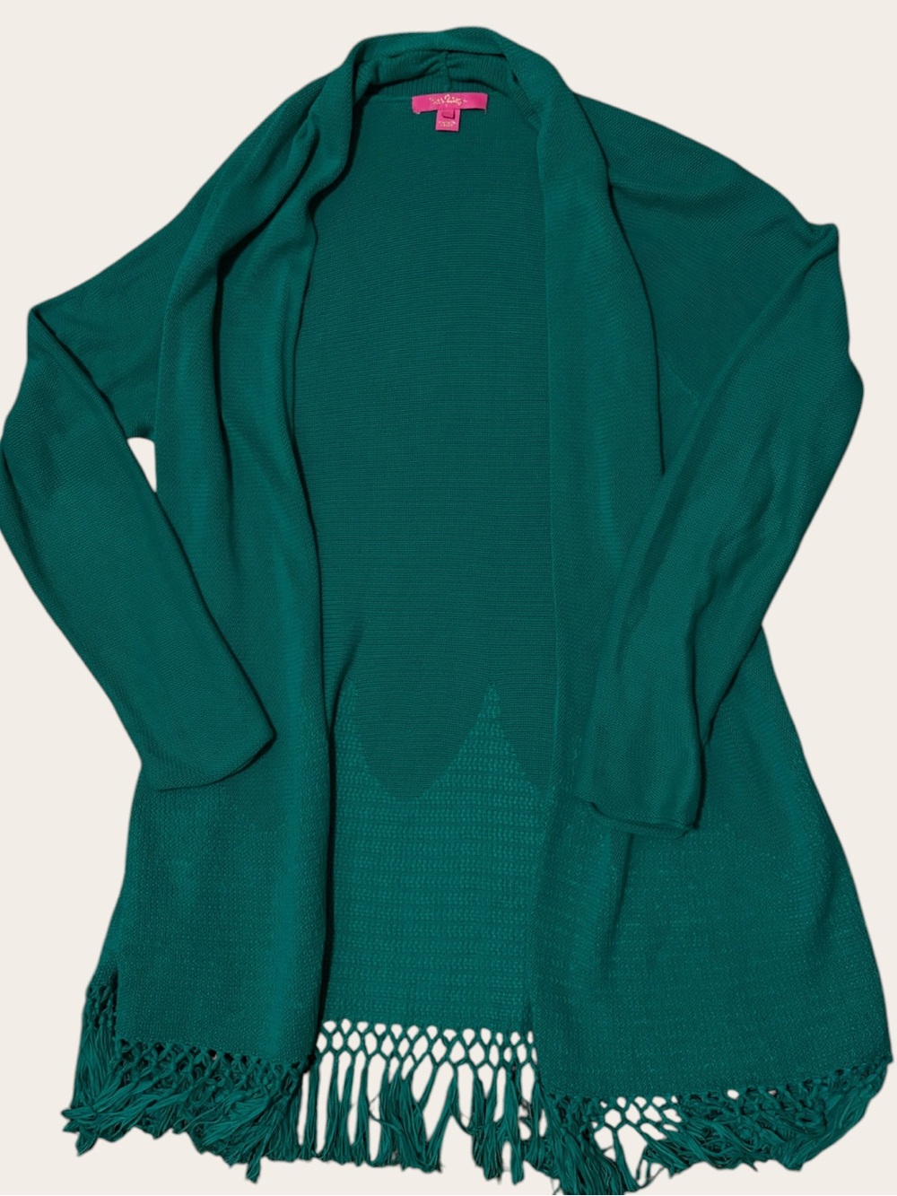 Lilly Pulitzer XL Emerald Green Long Cardigan Sweater Fringe Open Front